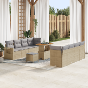vidaXL 11-delars trädgårdssoffset med kuddar Beige Polyrotting Akacia
