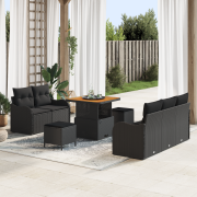 vidaXL 8-delade Trädgårdsoffs-set med kuddar Svart Poly Rattan Akacia