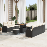 vidaXL 10-dels Trädgårdsofa Set med Kuddar Svart Poly Rattan Akacia