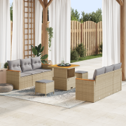 vidaXL 9 Delars Trädgårdsoff set med kuddar Beige Poly Rattan Akacia