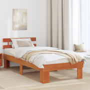 vidaXL Sängram med Huvudgavel Vaxad Brun 90x200 cm Massiv Trä Furu