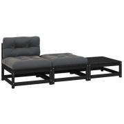 vidaXL Loungegrupp med dynor svart 3 delar massiv furu