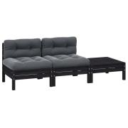 vidaXL Loungegrupp med dynor svart 3 delar massiv furu