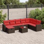 vidaXL Loungegrupp för trädgården med dynor 9 delar konstrotting brun