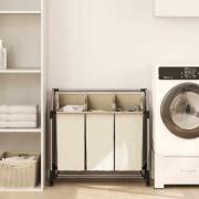 vidaXL Tvättsorterare med 3 påsar gräddvit stål