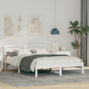 vidaXL Sängram med LED -remsljus med huvudgavel Vit 140 x 190 cm Massi...