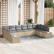 vidaXL Trädgårdsoffset med kudde 10 pcs Beige Poly rattan