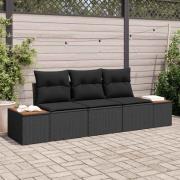 vidaXL Trädgårdsoffset med kudde 3 pcs Svart Poly rattan