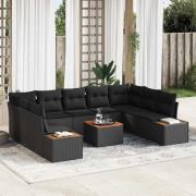 vidaXL Trädgårdsoffset med kudde 10 pcs Svart Poly rattan