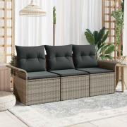 vidaXL Trädgårdsoffset med kudde med lagring 3 pcs Grå Poly rattan