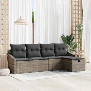 vidaXL Trädgårdsoffset med kudde 5 pcs Grå Poly rattan