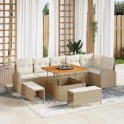 vidaXL Trädgårdsoffset med kudde 9 pcs Beige Poly rattan