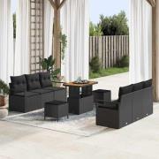 vidaXL Trädgårdsoffset med kudde 9 pcs Svart Poly rattan