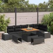 vidaXL Trädgårdsoffset med kudde 9 pcs Svart Poly rattan
