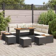 vidaXL Trädgårdsoffset med kudde med lagring 9 pcs Svart Poly rattan