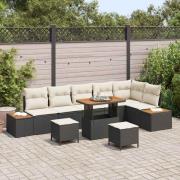 vidaXL Trädgårdsoffset med kudde med lagring 9 pcs Svart Poly rattan