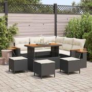 vidaXL Trädgårdsoffset med kudde med lagring 9 pcs Svart Poly rattan
