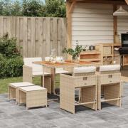 vidaXL Matgrupp för trädgården med dynor 9 delar beige konstrotting