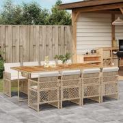 vidaXL Matgrupp för trädgården med dynor 9 delar beige konstrotting