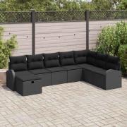 vidaXL Trädgårdsoffset med kudde med lagring 8 pcs Svart Poly rattan