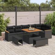 vidaXL Trädgårdsoffset med kudde 9 pcs Svart Poly rattan
