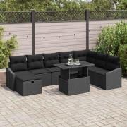 vidaXL Trädgårdsoffset med kudde med lagring 9 pcs Svart Poly rattan