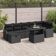 vidaXL Trädgårdsoffset med kudde med lagring 8 pcs Svart Poly rattan