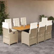 vidaXL Matgrupp för trädgården med dynor 9 delar mixbeige konstrotting