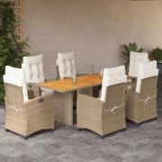 vidaXL Matgrupp för trädgården med dynor 7 delar beige konstrotting