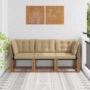 vidaXL Modulsoffa utomhus mitt och hörn med kudde 3 Stycke Naturfärg