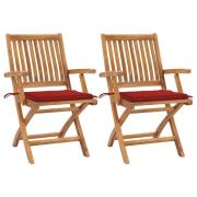 vidaXL Trädgårdsstolar 2 st med röda dynor massiv teak