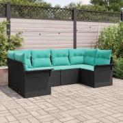 vidaXL Trädgårdsoffset med kudde 6 pcs Svart Poly rattan