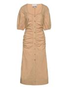 Ganni Cotton Poplin Gathered Open-Neck Maxi Dress Beige