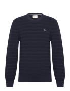 GANT Stripe Textured Cotton C-Neck Marinblå