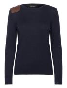 Lauren Ralph Lauren Faux-Leather-Trim Cotton-Blend Sweater Marinblå