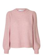 Selected Femme Slflulu Ls Knit Rib O-Neck Noos Rosa