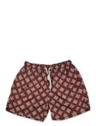 Portia 1924 Dark Green Floral Swim Shorts Burgundy