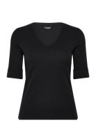 Lauren Ralph Lauren Stretch Cotton Elbow-Sleeve V-Neck Tee Svart