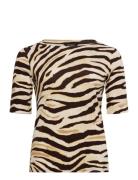 Lauren Women Zebra-Print Stretch Cotton Boatneck Tee Beige