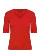 Lauren Ralph Lauren Stretch Cotton Elbow-Sleeve V-Neck Tee Röd