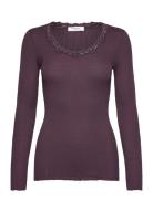 Rosemunde Rwbabette Silk Ls U-Neck Lace T-Shi Lila