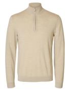 Selected Slhtray Ls Knit Merino Half Zip Noos Beige