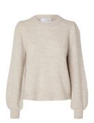 Selected Slflulu Ls Knit Rib O-Neck Noos Beige