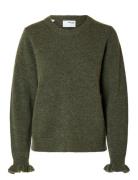 Selected Slflulu Ls Knit Frill Cuff O-Neck Noos Khaki Green