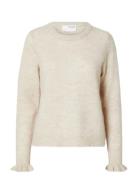 Selected Slflulu Ls Knit Frill Cuff O-Neck Noos Kräm