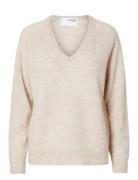 Selected Slflulu New Ls Knit V-Neck B Noos Beige