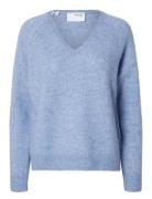 Selected Slflulu New Ls Knit V-Neck B Noos Blå