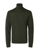 Selected Slhtray Ls Knit Merino Roll Neck Noos Khaki Green