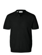 Selected Slhlino Ss Knit Crochet Open Polo Svart