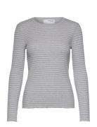 Selected Slfanna Ls Crew Neck Tee Str S Grå